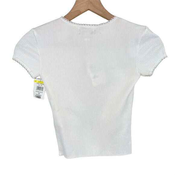 Topshop white picot trim ribbed short sleeve crewneck crop tee 2 or extra small - Picture 4 of 12